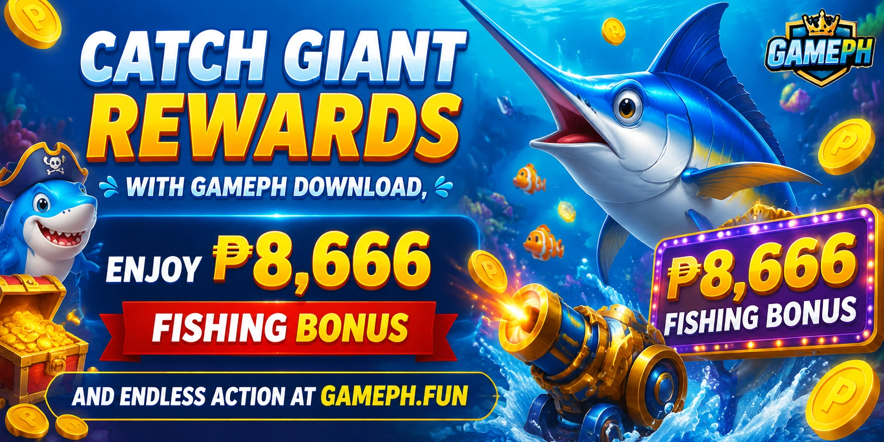 Fishing promotion visual with bright underwater theme