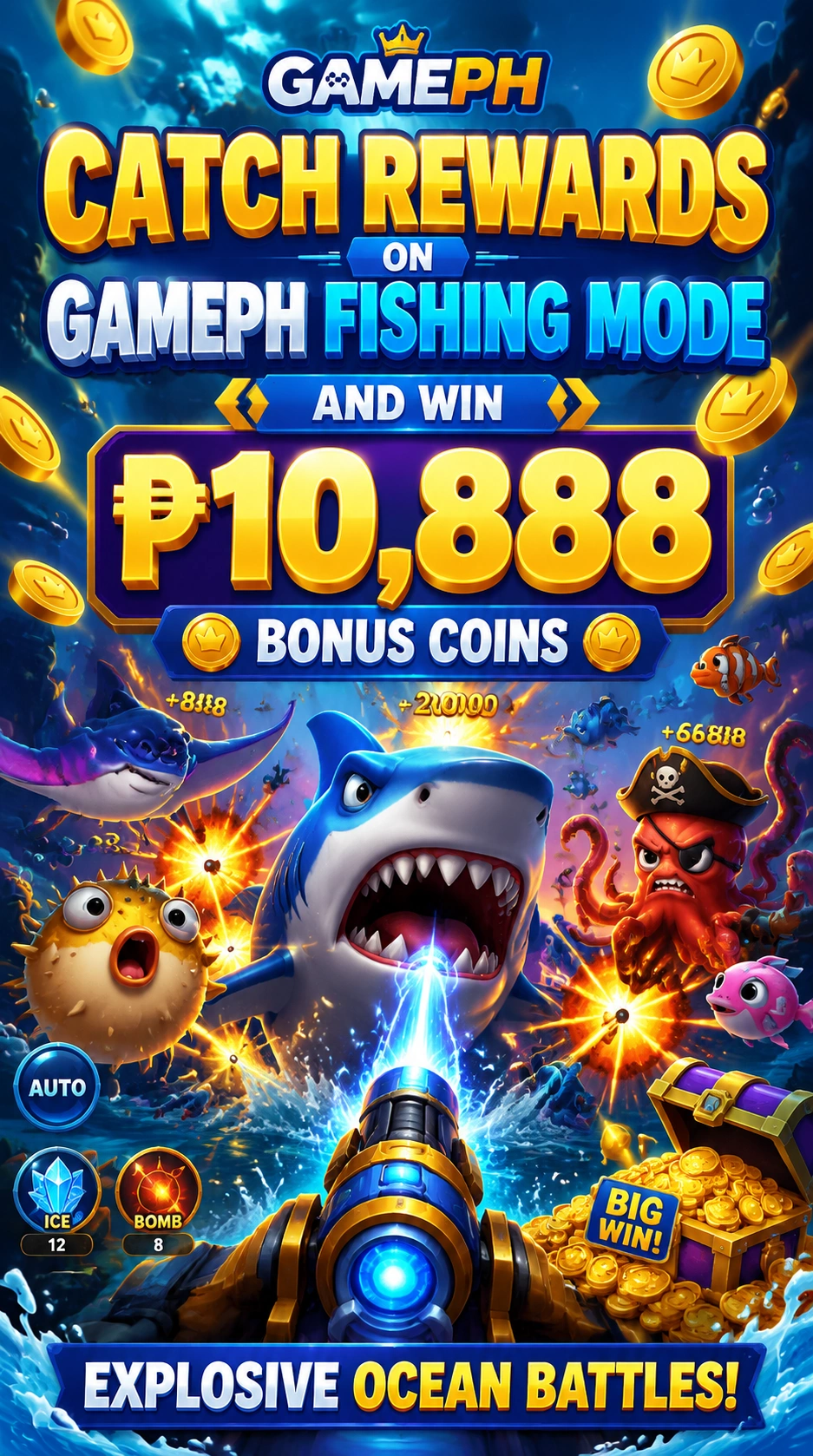 Fishing game screen with colorful sea targets