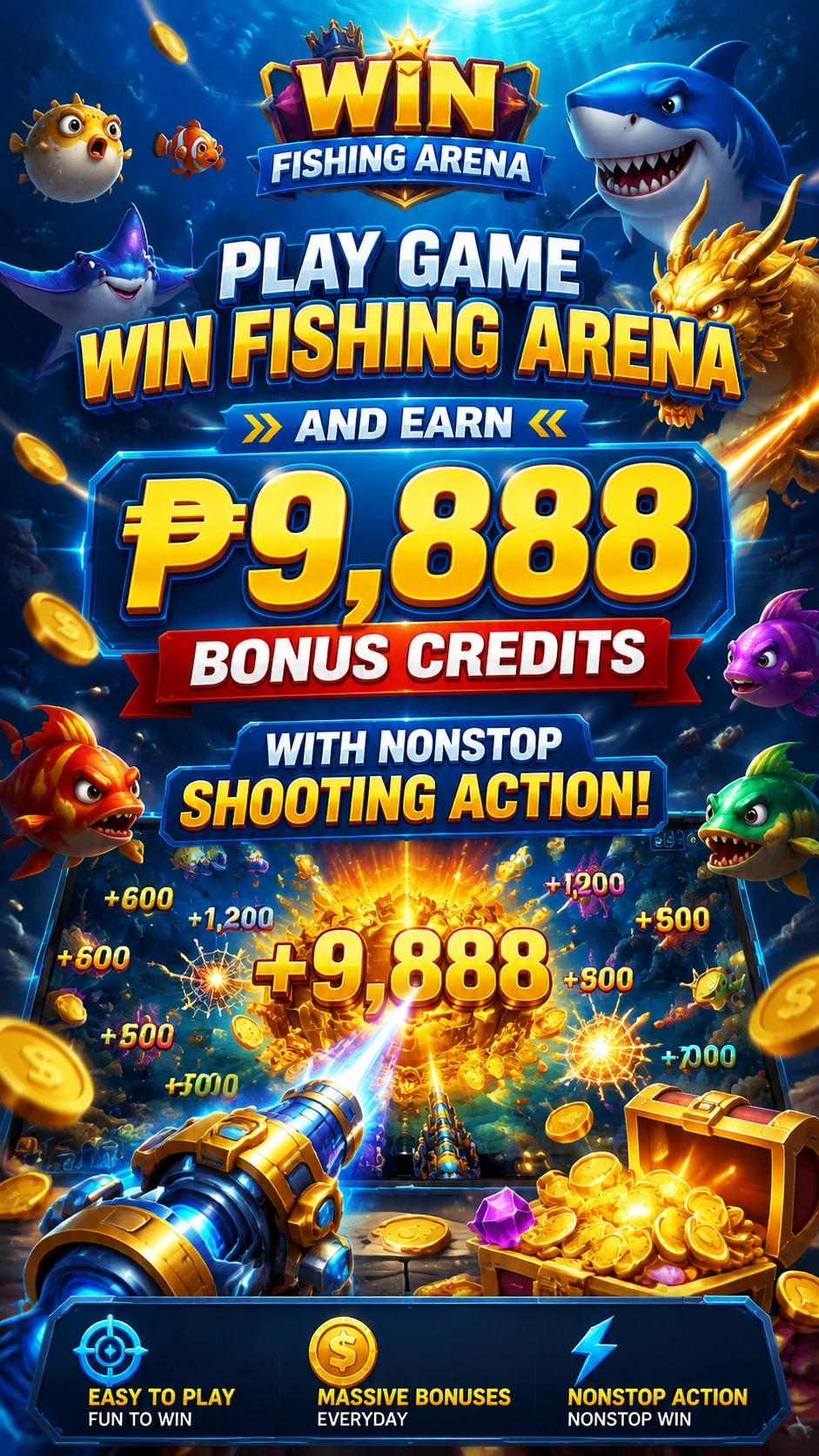 Arcade fishing game scene with underwater action